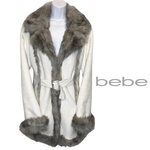BEBE White Suede and Gray Faux Fur Belted Coat